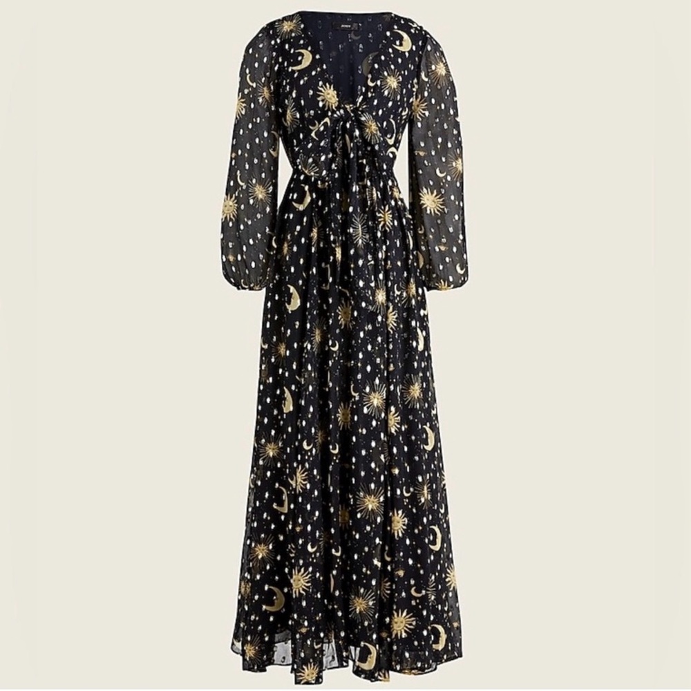 J. Crew Black and Gold Long Sleeve Celestial Moon and Stars Maxi Dress Small
